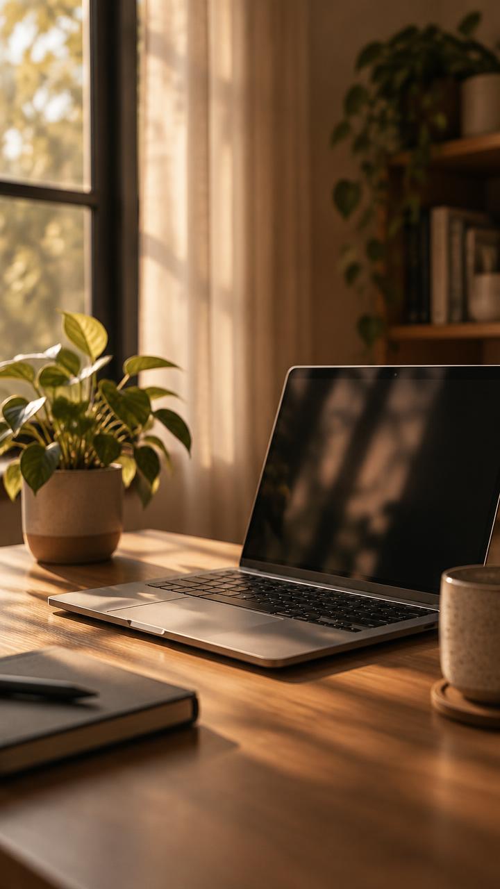 A laptop on a wooden desk beside a small potted plant in soft window light