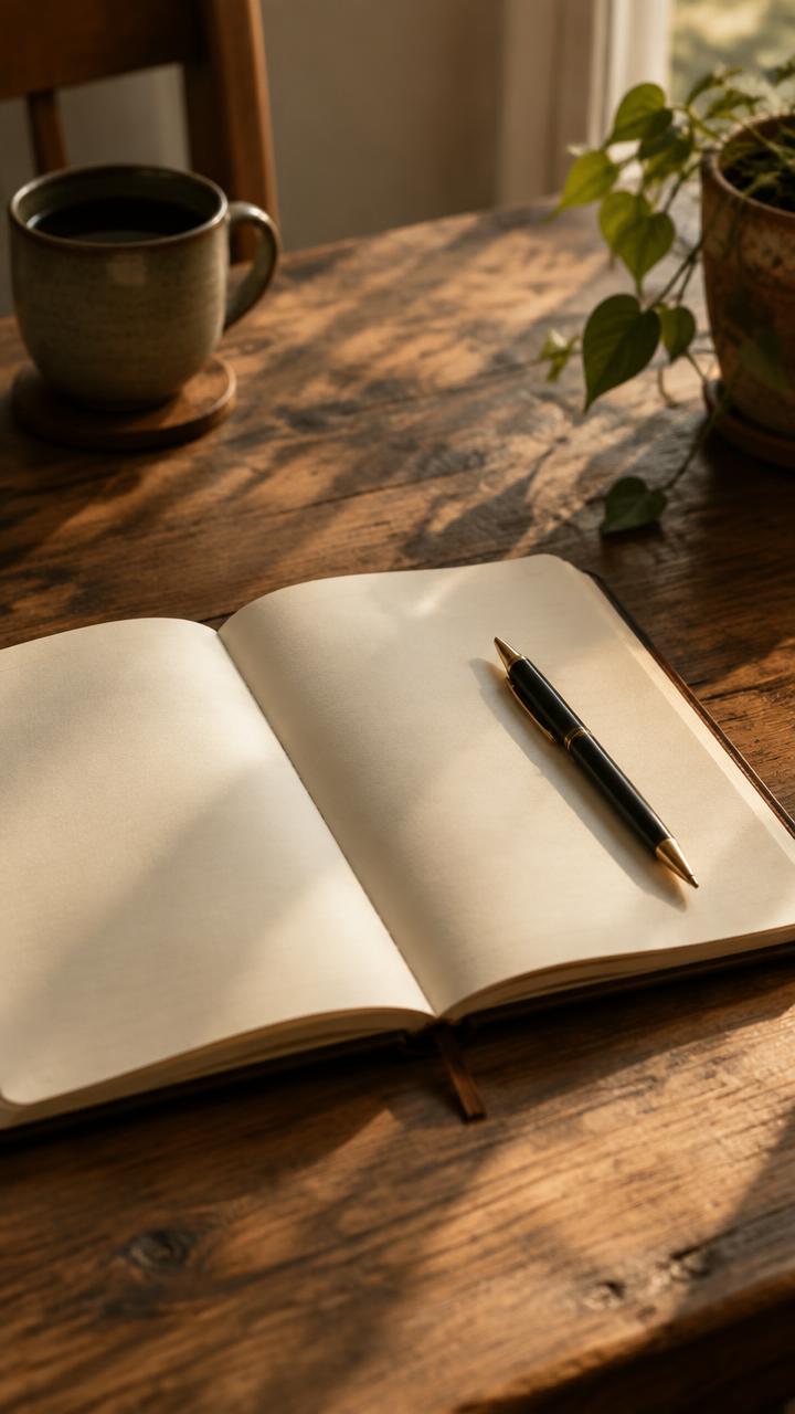 An open notebook with a pen resting on a wooden table
