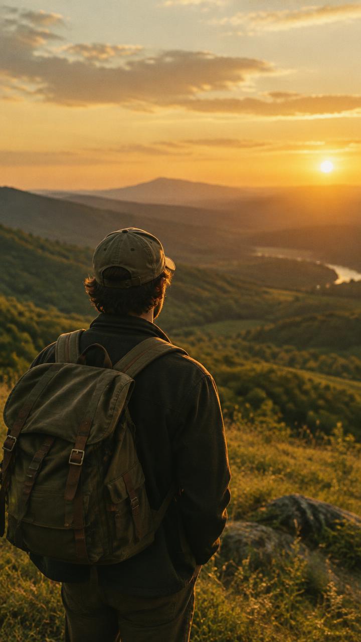 A person with a backpack looking out over green hills at golden hour