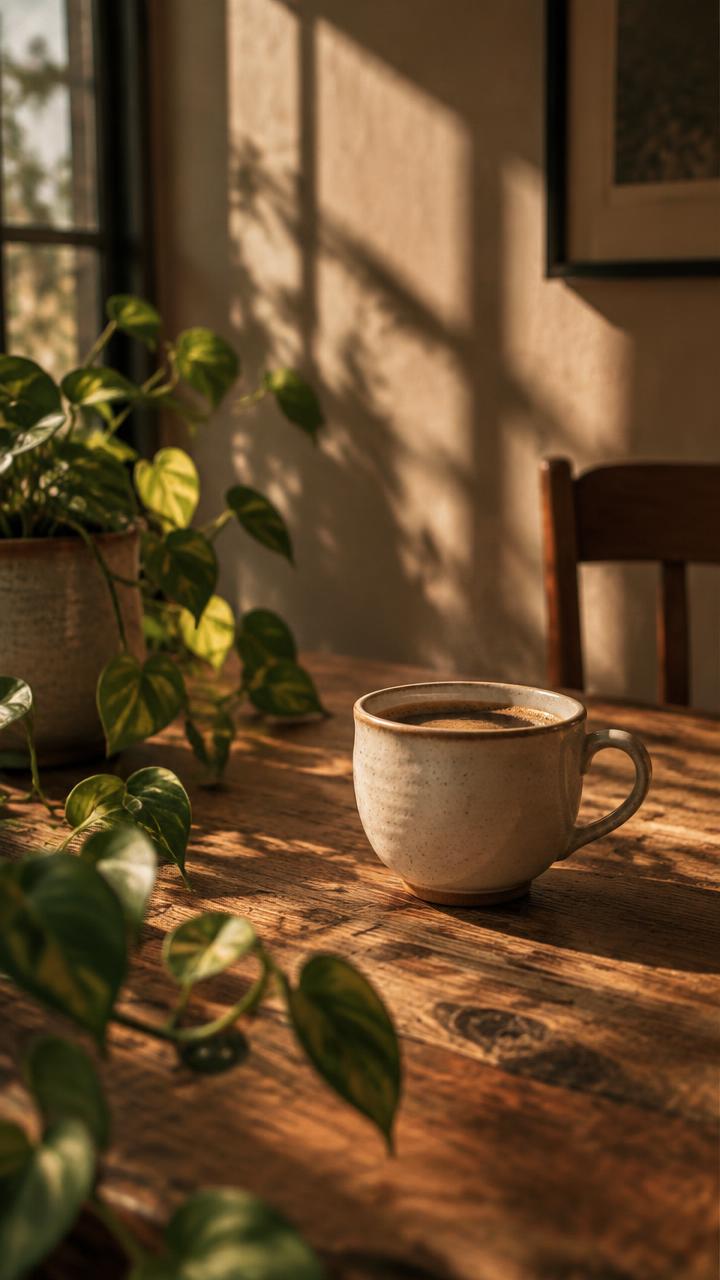 A ceramic coffee cup on a wooden table with a trailing plant